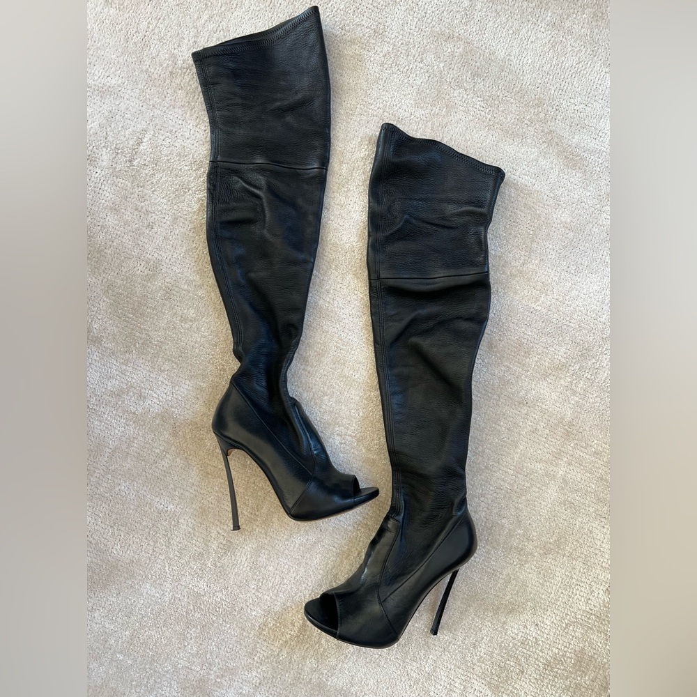 Casadei peep toe Black Over-the-Knee blade Leather Boots 38.5